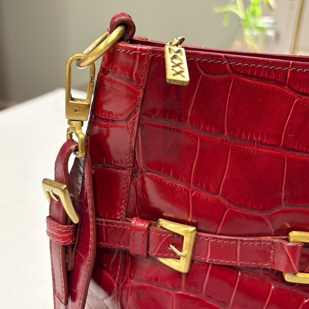 Maxx New York Deep Red Croc-Embossed Shoulder Bag Gold Buckle - Picture 5 of 13